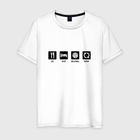 Мужская футболка хлопок с принтом Еда сон волейбол повторять в Санкт-Петербурге, 100% хлопок | прямой крой, круглый вырез горловины, длина до линии бедер, слегка спущенное плечо. | Тематика изображения на принте: 