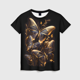 Женская футболка 3D с принтом Золотые бабочки ночные в Тюмени, 100% полиэфир ( синтетическое хлопкоподобное полотно) | прямой крой, круглый вырез горловины, длина до линии бедер | 