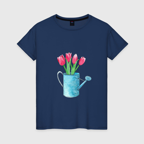 Женская футболка хлопок с принтом Букет тюльпанов в лейке в Санкт-Петербурге, 100% хлопок | прямой крой, круглый вырез горловины, длина до линии бедер, слегка спущенное плечо | 