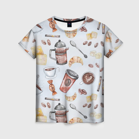 Женская футболка 3D с принтом паттерн   чай , кофе и круассан в Тюмени, 100% полиэфир ( синтетическое хлопкоподобное полотно) | прямой крой, круглый вырез горловины, длина до линии бедер | 