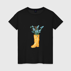 Женская футболка хлопок с принтом Букет полевых цвето в желтом сапоге в Тюмени, 100% хлопок | прямой крой, круглый вырез горловины, длина до линии бедер, слегка спущенное плечо | 