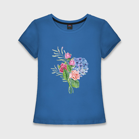 Женская футболка хлопок Slim с принтом Синяя гортензия и розовые розы в Петрозаводске,  |  | Тематика изображения на принте: 