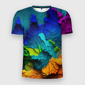 Мужская футболка 3D Slim с принтом Взрыв красок в Курске, 100% полиэстер с улучшенными характеристиками | приталенный силуэт, круглая горловина, широкие плечи, сужается к линии бедра | mdj_vm | midjourney | краски | миджорни | нейросеть | текстура