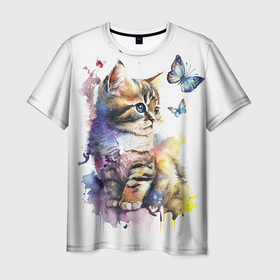 Мужская футболка 3D с принтом Акварельный котёнок с бабочками в Белгороде, 100% полиэфир | прямой крой, круглый вырез горловины, длина до линии бедер | 