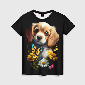 Женская футболка 3D с принтом Милый щенок с цветами и бабочками в Кировске, 100% полиэфир ( синтетическое хлопкоподобное полотно) | прямой крой, круглый вырез горловины, длина до линии бедер | 