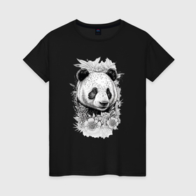 Женская футболка хлопок с принтом Панда в  листве , 100% хлопок | прямой крой, круглый вырез горловины, длина до линии бедер, слегка спущенное плечо | 