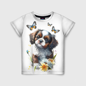 Детская футболка 3D с принтом Кудрявый щенок с бабочками и цветами , 100% гипоаллергенный полиэфир | прямой крой, круглый вырез горловины, длина до линии бедер, чуть спущенное плечо, ткань немного тянется | Тематика изображения на принте: 