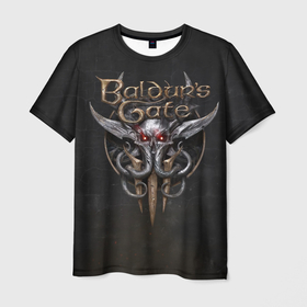Мужская футболка 3D с принтом Логотип Baldurs Gate 3 в Кировске, 100% полиэфир | прямой крой, круглый вырез горловины, длина до линии бедер | 