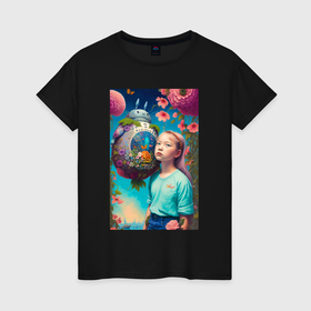 Женская футболка хлопок с принтом Девочка и Тоторо   фантазия   нейросеть в Тюмени, 100% хлопок | прямой крой, круглый вырез горловины, длина до линии бедер, слегка спущенное плечо | 