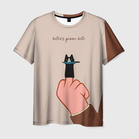 Мужская футболка 3D с принтом Котик с ножиком и средний палец   текстура холста в Тюмени, 100% полиэфир | прямой крой, круглый вырез горловины, длина до линии бедер | 