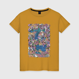 Женская футболка хлопок с принтом Голубая змея в цветах в Белгороде, 100% хлопок | прямой крой, круглый вырез горловины, длина до линии бедер, слегка спущенное плечо | 