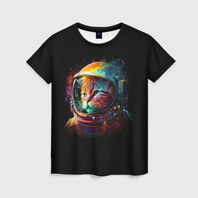 Женская футболка 3D с принтом Кот в скафандре   космонавт в Санкт-Петербурге, 100% полиэфир ( синтетическое хлопкоподобное полотно) | прямой крой, круглый вырез горловины, длина до линии бедер | 