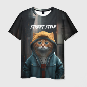 Мужская футболка 3D с принтом Street cat в Санкт-Петербурге, 100% полиэфир | прямой крой, круглый вырез горловины, длина до линии бедер | Тематика изображения на принте: 