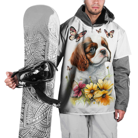 Накидка на куртку 3D с принтом Милый щенок на цветущем лугу в Екатеринбурге, 100% полиэстер |  | 