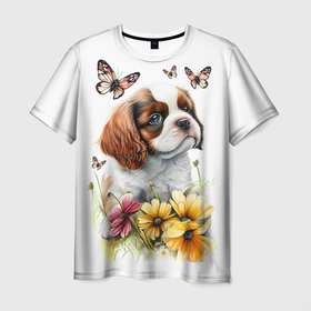 Мужская футболка 3D с принтом Милый щенок на цветущем лугу в Екатеринбурге, 100% полиэфир | прямой крой, круглый вырез горловины, длина до линии бедер | 