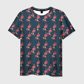 Мужская футболка 3D с принтом Узор из красных, розовых и белых роз в Курске, 100% полиэфир | прямой крой, круглый вырез горловины, длина до линии бедер | 