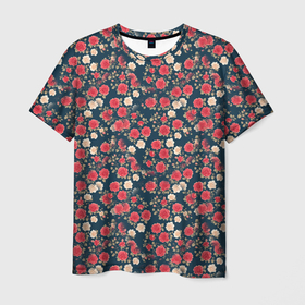 Мужская футболка 3D с принтом Узор из красных и белых роз в Курске, 100% полиэфир | прямой крой, круглый вырез горловины, длина до линии бедер | 
