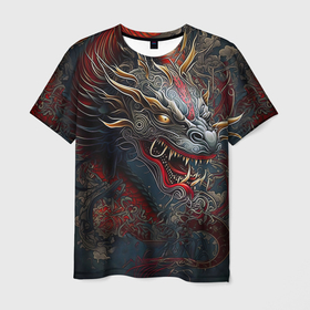Мужская футболка 3D с принтом Дракон Irezumi , 100% полиэфир | прямой крой, круглый вырез горловины, длина до линии бедер | 