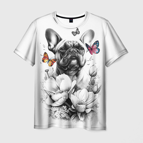 Мужская футболка 3D с принтом Французский бульдог и бабочки в Санкт-Петербурге, 100% полиэфир | прямой крой, круглый вырез горловины, длина до линии бедер | 