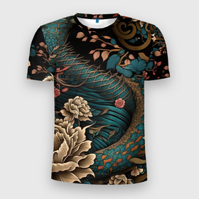 Мужская футболка 3D Slim с принтом Японский змей Irezumi в Курске, 100% полиэстер с улучшенными характеристиками | приталенный силуэт, круглая горловина, широкие плечи, сужается к линии бедра | Тематика изображения на принте: 
