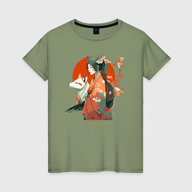 Женская футболка хлопок с принтом Аниме девочка   кошка и волк , 100% хлопок | прямой крой, круглый вырез горловины, длина до линии бедер, слегка спущенное плечо | 