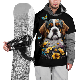 Накидка на куртку 3D с принтом Бернский зенненхунд   щенок с цветами в Новосибирске, 100% полиэстер |  | Тематика изображения на принте: 
