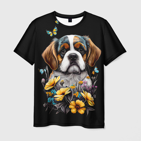 Мужская футболка 3D с принтом Бернский зенненхунд   щенок с цветами , 100% полиэфир | прямой крой, круглый вырез горловины, длина до линии бедер | 