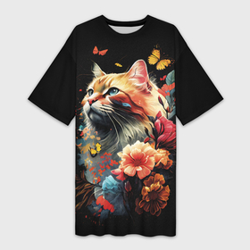 Платье-футболка 3D с принтом Рыжий кот в цветах в Кировске,  |  | 