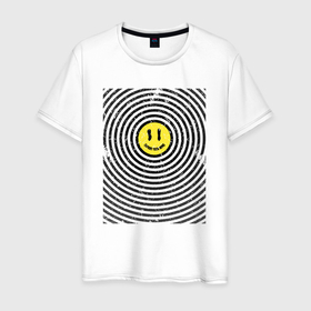 Мужская футболка хлопок с принтом Expand your mind и смайлик в круглой ряби в Тюмени, 100% хлопок | прямой крой, круглый вырез горловины, длина до линии бедер, слегка спущенное плечо. | 