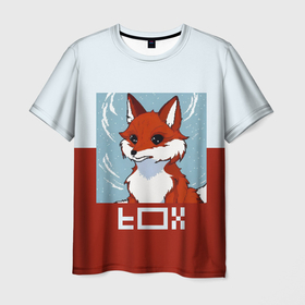 Мужская футболка 3D с принтом Пиксельная лиса с надписью fox в Новосибирске, 100% полиэфир | прямой крой, круглый вырез горловины, длина до линии бедер | Тематика изображения на принте: 