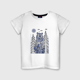 Детская футболка хлопок с принтом Медведь с рыбой в Екатеринбурге, 100% хлопок | круглый вырез горловины, полуприлегающий силуэт, длина до линии бедер | Тематика изображения на принте: 