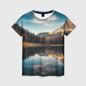 Женская футболка 3D с принтом Осенный лес и озеро в Санкт-Петербурге, 100% полиэфир ( синтетическое хлопкоподобное полотно) | прямой крой, круглый вырез горловины, длина до линии бедер | 