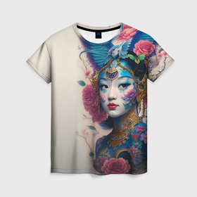 Женская футболка 3D с принтом Japan girl   tattoo   art в Тюмени, 100% полиэфир ( синтетическое хлопкоподобное полотно) | прямой крой, круглый вырез горловины, длина до линии бедер | 