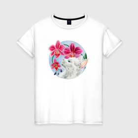 Женская футболка хлопок с принтом Котик с орхидеями в Екатеринбурге, 100% хлопок | прямой крой, круглый вырез горловины, длина до линии бедер, слегка спущенное плечо | 