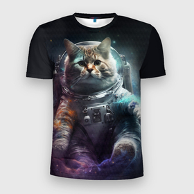 Мужская футболка 3D Slim с принтом Космический кот в открытом космосе в Курске, 100% полиэстер с улучшенными характеристиками | приталенный силуэт, круглая горловина, широкие плечи, сужается к линии бедра | 