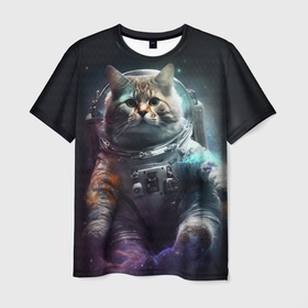 Мужская футболка 3D с принтом Космический кот в открытом космосе в Курске, 100% полиэфир | прямой крой, круглый вырез горловины, длина до линии бедер | 