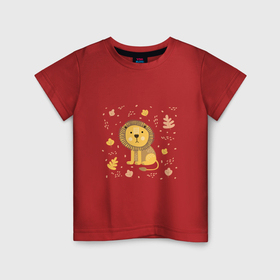 Детская футболка хлопок с принтом Осенний лев в Новосибирске, 100% хлопок | круглый вырез горловины, полуприлегающий силуэт, длина до линии бедер | Тематика изображения на принте: 