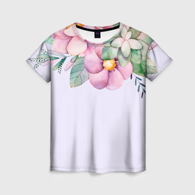 Женская футболка 3D с принтом Пастельные цветы акварелью   наверху в Санкт-Петербурге, 100% полиэфир ( синтетическое хлопкоподобное полотно) | прямой крой, круглый вырез горловины, длина до линии бедер | 