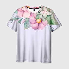 Мужская футболка 3D с принтом Пастельные цветы акварелью   наверху , 100% полиэфир | прямой крой, круглый вырез горловины, длина до линии бедер | 