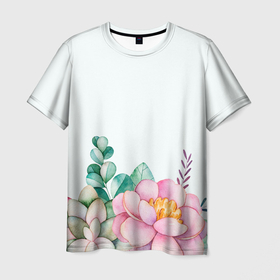 Мужская футболка 3D с принтом Цветы нарисованные акварелью   снизу в Новосибирске, 100% полиэфир | прямой крой, круглый вырез горловины, длина до линии бедер | 