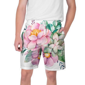 Мужские шорты 3D с принтом Пастельные цветы   посередине в Санкт-Петербурге,  полиэстер 100% | прямой крой, два кармана без застежек по бокам. Мягкая трикотажная резинка на поясе, внутри которой широкие завязки. Длина чуть выше колен | 