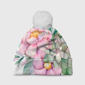 Шапка 3D c помпоном с принтом Пастельные цветы   посередине в Новосибирске, 100% полиэстер | универсальный размер, печать по всей поверхности изделия | 