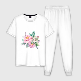 Мужская пижама хлопок с принтом Акварельные цветы в пастельных тонах в Петрозаводске, 100% хлопок | брюки и футболка прямого кроя, без карманов, на брюках мягкая резинка на поясе и по низу штанин
 | 