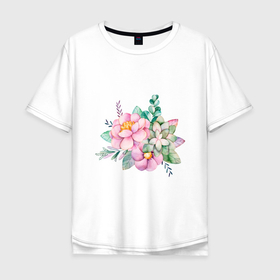 Мужская футболка хлопок Oversize с принтом Акварельные цветы в пастельных тонах в Новосибирске, 100% хлопок | свободный крой, круглый ворот, “спинка” длиннее передней части | Тематика изображения на принте: 