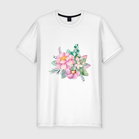 Мужская футболка хлопок Slim с принтом Акварельные цветы в пастельных тонах в Петрозаводске, 92% хлопок, 8% лайкра | приталенный силуэт, круглый вырез ворота, длина до линии бедра, короткий рукав | 