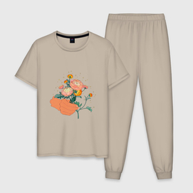 Мужская пижама хлопок с принтом Сияющие хризантемы , 100% хлопок | брюки и футболка прямого кроя, без карманов, на брюках мягкая резинка на поясе и по низу штанин
 | 