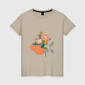 Женская футболка хлопок с принтом Сияющие хризантемы , 100% хлопок | прямой крой, круглый вырез горловины, длина до линии бедер, слегка спущенное плечо | 
