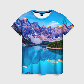 Женская футболка 3D с принтом Чудесное лазурное озеро, горы и лес в Белгороде, 100% полиэфир ( синтетическое хлопкоподобное полотно) | прямой крой, круглый вырез горловины, длина до линии бедер | 