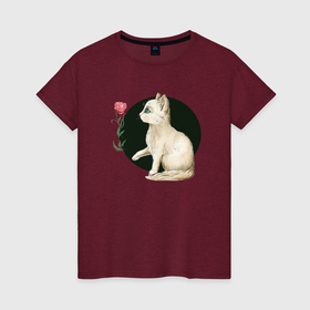 Женская футболка хлопок с принтом Милый котёнок с цветком , 100% хлопок | прямой крой, круглый вырез горловины, длина до линии бедер, слегка спущенное плечо | 