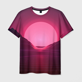 Мужская футболка 3D с принтом Неоновый закат , 100% полиэфир | прямой крой, круглый вырез горловины, длина до линии бедер | 